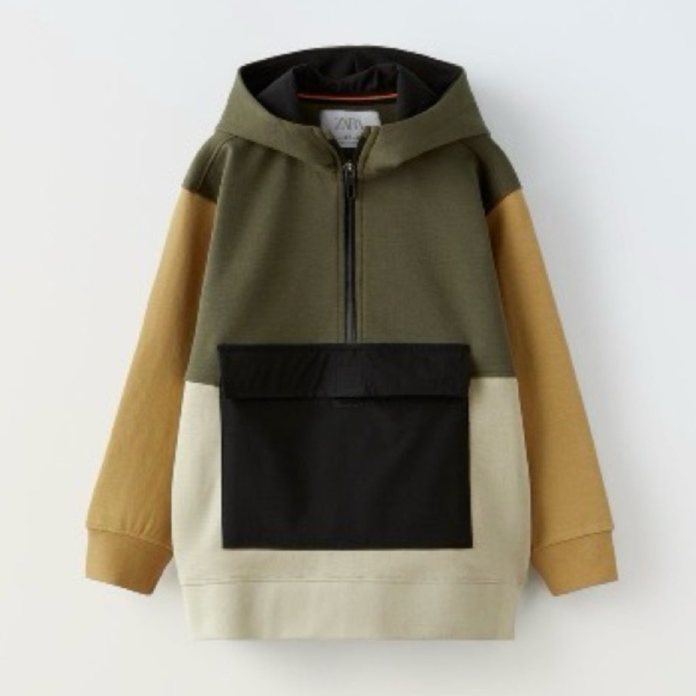 Zara color-block hoodie with a contrasting black flap pocke